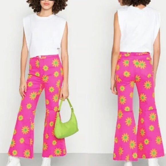 Free People Youthquake Pink Lipstick Combo Cropped Retro Flare Jeans Size 30 NWT - Picture 1 of 15